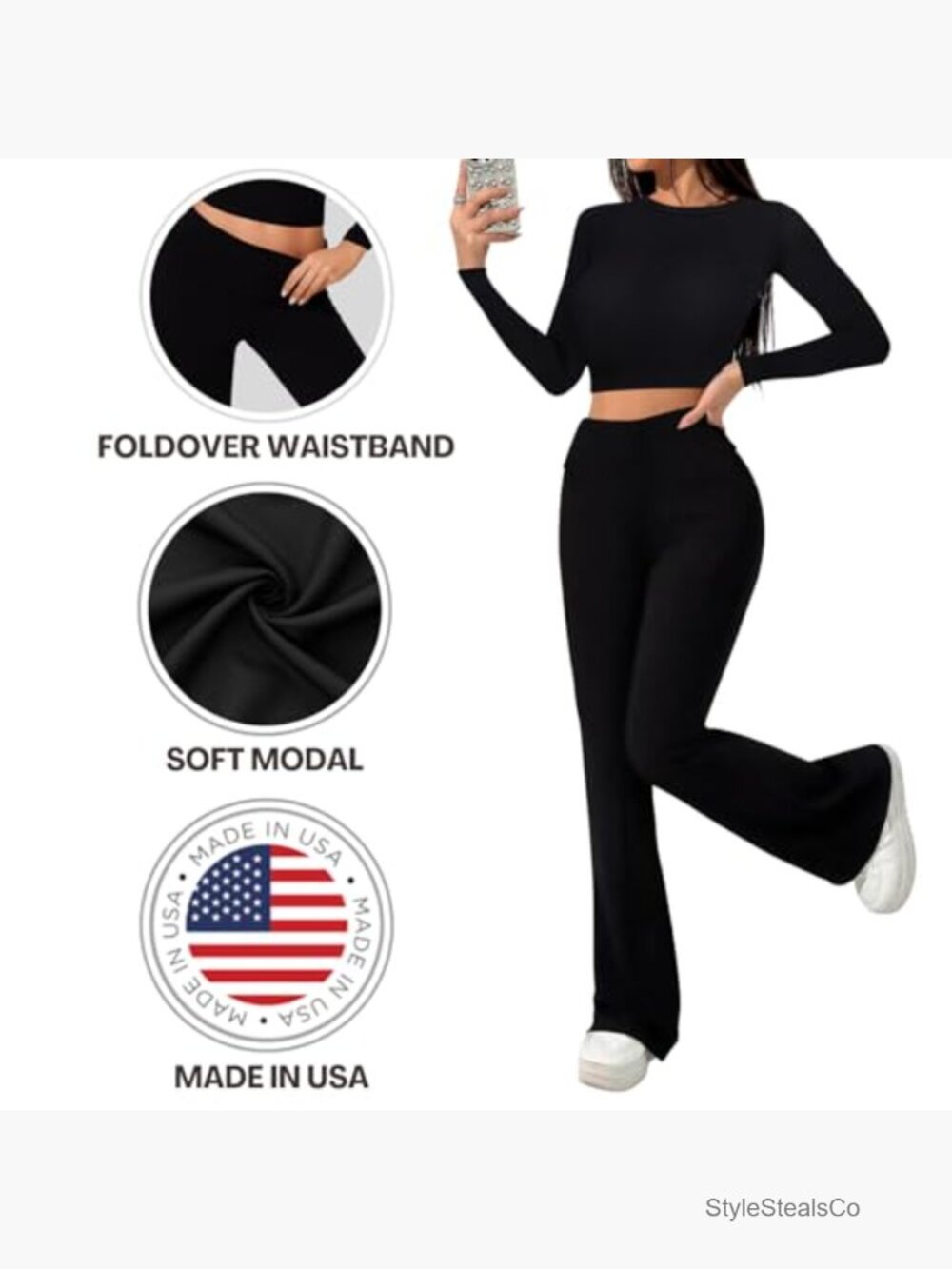 Flare Leggings Long Sleeve Crop Top 2 Piece Lounge Set - Picture 4 of 5